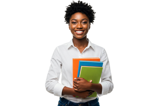 Portrait of a smiling young African American female student holding books, isolated on transparent background