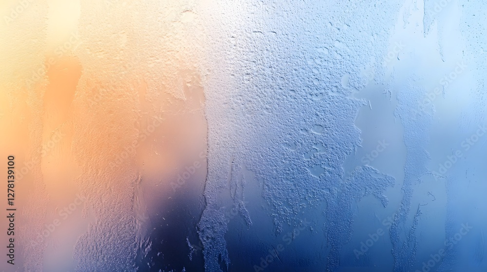 Poster blurry and abstract background of frozen water drops on a frosty glass window during the cold winter
