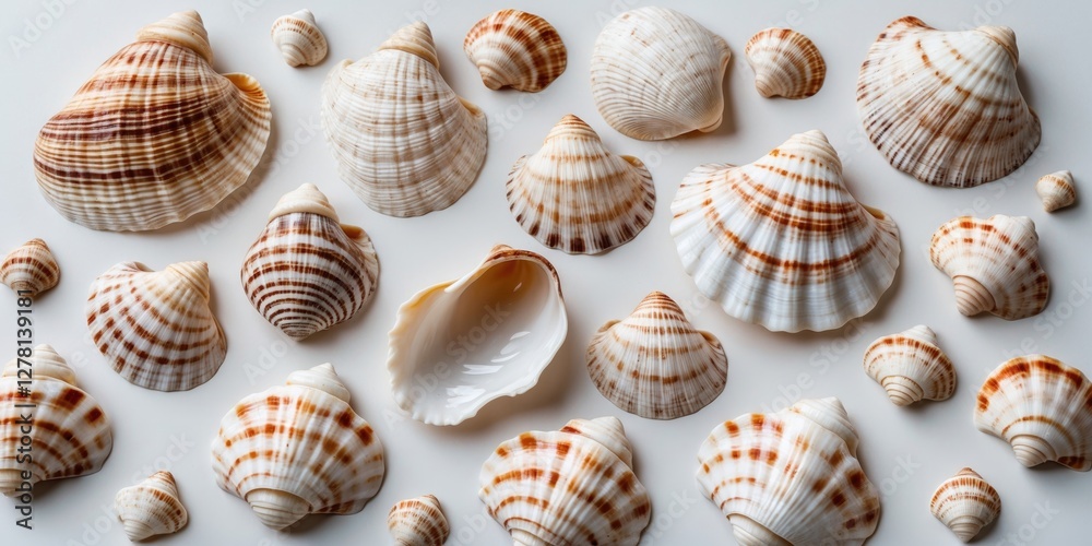 Poster various seashells arranged on a white background showcasing different shapes and sizes with distinct