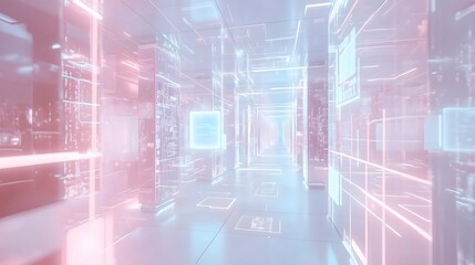 Fototapeta premium Futuristischer High-Tech-Korridor – Künstliche Intelligenz und digitale Zukunft. Die Szene symbolisiert die Zukunft der Künstlichen Intelligenz, Cyber-Technologie und vernetzte Informationssysteme.