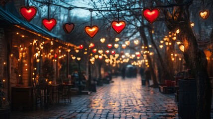 Romantic Evening City Street with Heart-Shaped Lights