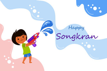 Songkran festival in Thailand. Thai New Year Holidays. Children Playing Water. Vector cartoon flat  Illustration