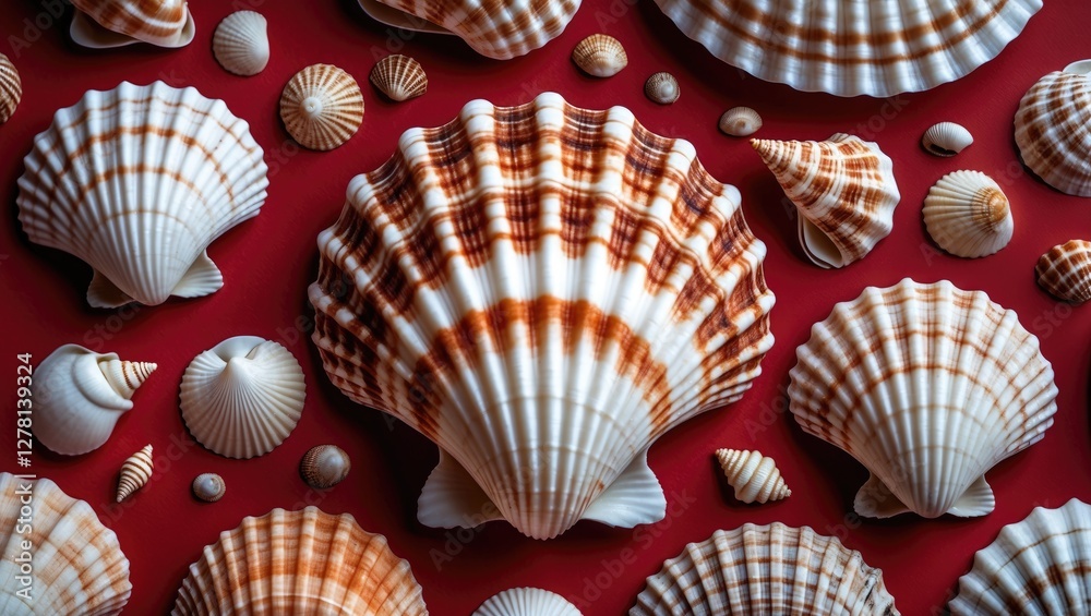 Poster diverse collection of various seashells arranged on a red background showcasing intricate patterns a