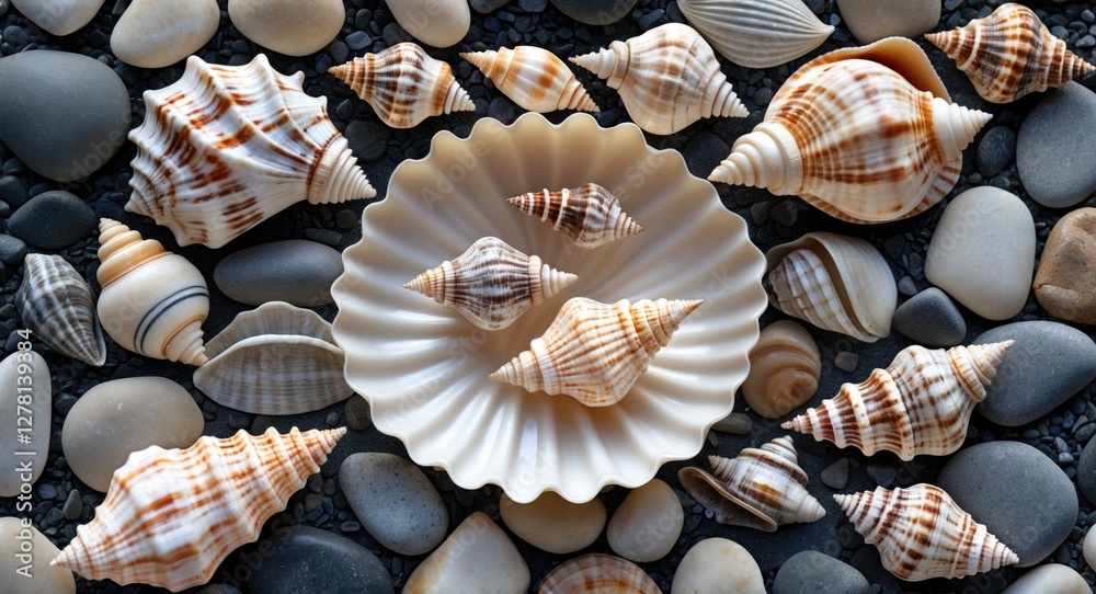 Poster variety of seashells arranged on pebbles with a large shell in the center and smaller shells surroun