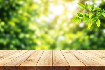 Wooden table with blurred green foliage background and sunlit leaves.