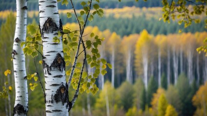 Birch trees with white bark and green and yellow leaves in autumn forest landscape with distant tree line and blurred background