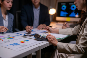 Fototapeta premium A woman is sitting at a table with a calculator and a notebook