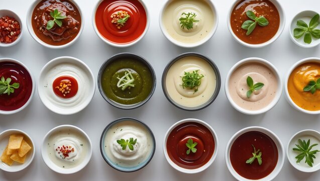Assorted sauces dips and condiments in small bowls with garnishes arranged in two rows on a white background