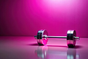 A metallic barbell rests on a reflective surface against a vibrant pink backdrop, symbolizing strength, fitness, and a healthy lifestyle.