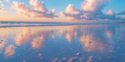 Fototapeta premium Beach landscape at sunset with colorful clouds reflected on wet sand and calm ocean waves in soft pastel tones