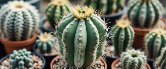Fototapeta premium Various types of cacti in different sizes displayed in terracotta pots with gravel on a blurred background