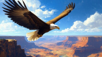 Fototapeta premium Majestic Bald Eagle Soaring Over Grand Canyon Landscape at Sunrise