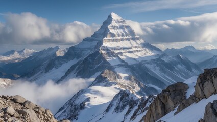 Majestic snow-covered mountain peak with dramatic cloud formations in the background under bright blue sky in a mountainous landscape.