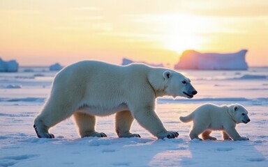 Polar Bear and Cute Cub Walking on Snowy Landscape at Sunset