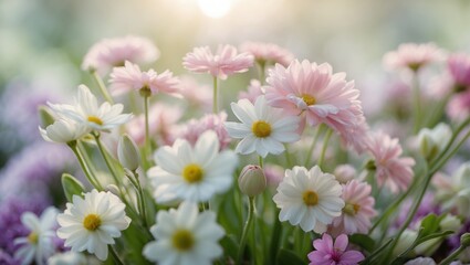Fototapeta premium Colorful blooming flowers with white and pink petals in a lush green garden setting during daylight.