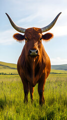 Majestic Ox Camaraderie in Lush Meadows with Serene Blue Skies