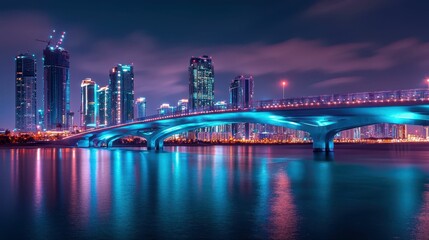 Fototapeta premium Neon Cityscape at Night with Modern Bridge and Skyscrapers