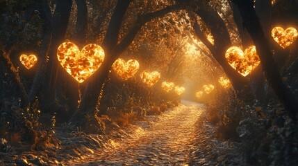 Enchanted Forest Path with Glowing Hearts