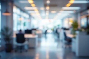 Blurry modern office space with natural light and illuminated ceiling, featuring desks and plants in background.