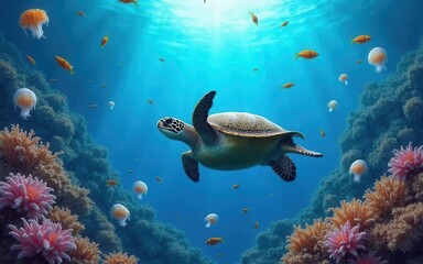 Sea Turtle Swimming Among Colorful Coral and Jellyfish in Ocean