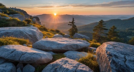 Sunrise over rocky landscape with distant mountains and forest, natural scenery in soft morning light, tranquil outdoor setting.