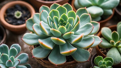 Succulent plants in terracotta pots with varying shades of green and red edges displayed in a natural setting.