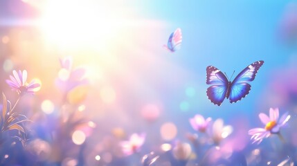 Blue Butterfly Soaring Over Sunlit Spring Flowers