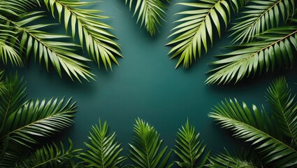 Green tropical palm leaves arranged on a solid dark background with empty center space for text or design elements