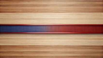 Elegant Horizontal Wood Grain Background with a Red Framed Fabric Insert Featuring a Gradient of Blue and Red Hues