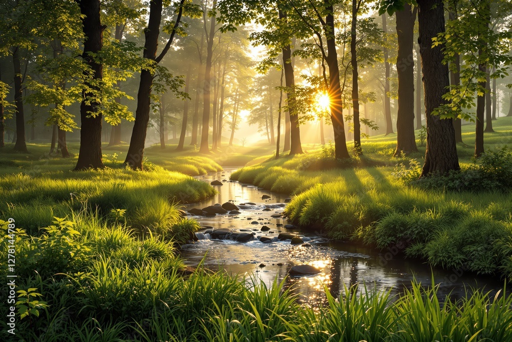 Poster sunlit forest with a serene stream surrounded by lush greenery and tall trees under warm golden ligh