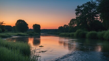 Obraz premium Tranquil river landscape at sunset with vibrant sky reflecting on calm water and lush greenery along the banks