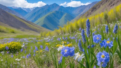 Obraz premium Mountain landscape with colorful wildflowers in a valley under a clear blue sky and distant peaks with snow-capped summits.