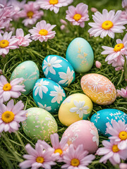 Beautifully decorated Easter eggs with pastel floral patterns rest on lush green grass, surrounded by vibrant yellow and white flowers, creating a cheerful and festive spring scene.