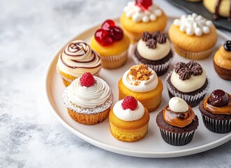 Delicious assortment of cupcakes and pastries beautifully arranged on a plate at a charming French patisserie.