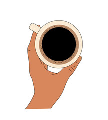 Hand holding cup with coffee, espresso, americano top view Hand drawn colored line art vector illustration isolated 