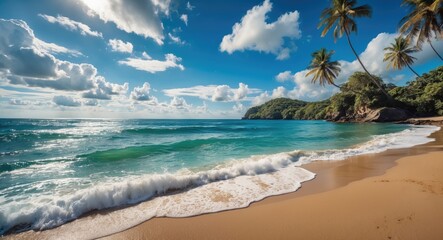 Obraz premium Tropical beach landscape with gentle waves, sandy shore, palm trees, and dramatic sky with clouds during daytime.