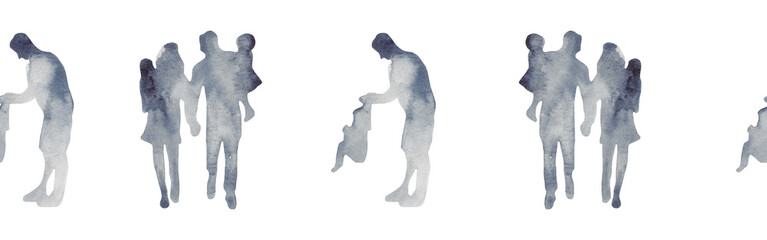 Obraz premium Watercolor border with silhouettes of people. Brush strokes in the form of blue silhouettes of people,Silhouette of family on white background. 