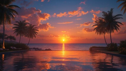 Obraz premium tropical sunset over calm ocean with palm trees and infinity pool reflecting warm colors in the sky