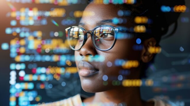 Woman Engaging in Data Analytics With Coding Holograms and Cybersecurity Elements in a Futuristic Workspace