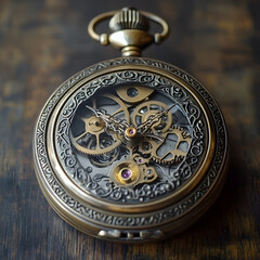 Obraz premium Intricate Mechanical Pocket Watch: A vintage pocket watch with an intricate skeleton movement reveals the complex gears and mechanics that drive its precise timekeeping.