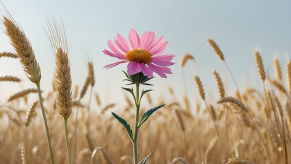 Obraz premium Pink flower blooming in golden wheat field under clear sky during sunset nature landscape photography
