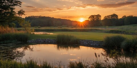 Obraz premium Sunset over a tranquil golf course pond reflecting vibrant colors with lush greenery and distant hills in the background