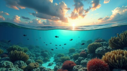 Obraz premium Split view of vibrant coral reef with colorful fish underwater and clear sky with clouds above 