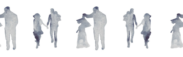 Watercolor border with silhouettes of people. Brush strokes in the form of blue silhouettes of people,Silhouette of family on white background.	