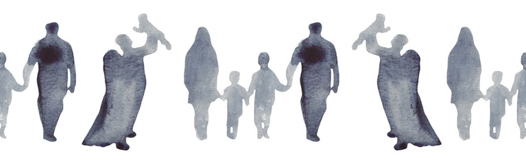 Watercolor border with silhouettes of people. Brush strokes in the form of blue silhouettes of people,Silhouette of family on white background.	