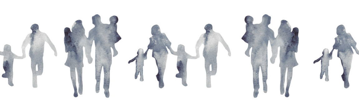 Watercolor border with silhouettes of people. Brush strokes in the form of blue silhouettes of people,Silhouette of family on white background.	