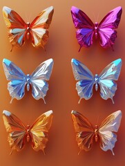 Metallic Butterflies Array in Vivid Colors on Warm Background High Angle View Stock Photo