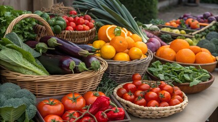 Abundance of Fresh Harvest: An enticing display of freshly picked, vibrant fruits and vegetables, artfully arranged in woven baskets, beckons with the promise of health, flavor.