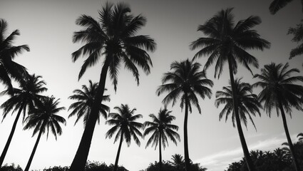 Silhouetted palm trees against a gradient sky in black and white photography capturing a tropical landscape scene