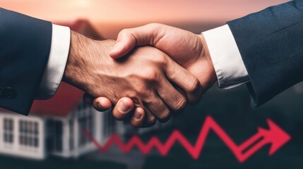 Two hands shaking, symbolizing a mortgage transfer agreement, with a chart showing a downward arrow representing a decreasing interest rate in the background.